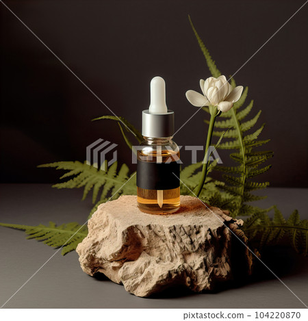 Dropper bottle styled mockup, cosmetic serum oil container template on botanical background with wood and plants, beauty product design-ready packaging Dropper bottle styled mockup, cosmetic serum oil container template on botanical background with wood and plants, beauty product design-ready packaging 104220870