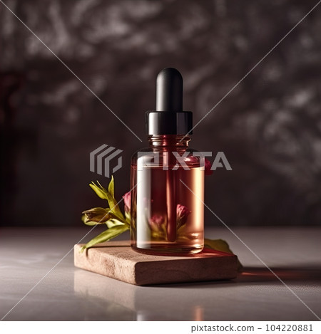 Dropper bottle styled mockup, cosmetic serum oil container template on botanical background with wood and plants, beauty product design-ready packaging 104220881