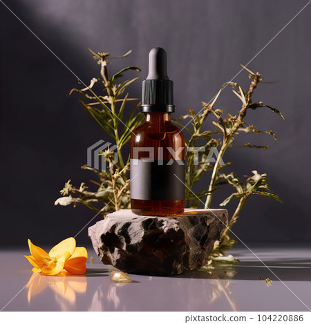 Dropper bottle styled mockup, cosmetic serum oil container template on botanical background with wood and plants, beauty product design-ready packaging Dropper bottle styled mockup, cosmetic serum oil container template on botanical background with wood and plants, beauty product design-ready packaging 104220886