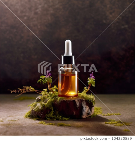 Dropper bottle styled mockup, cosmetic serum oil container template on botanical background with wood and plants, beauty product design-ready packaging 104220889