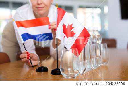 Little flag of Canada on table and flag of Netherlands put next to it by young woman 104222608