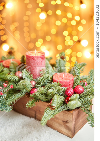 Christmas wooden box with fir branches for the holiday. The new year celebration. European flower shop 104223632