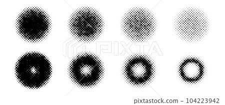 Halftone circle shapes set. Dotted textured spheres and rings collection. Comic pop art round fading gradient. Black spotted design elements bundle. Rasterized pixelated background pack. Vector Halftone circle shapes set. Dotted textured spheres and rings collection. Comic pop art round fading gradient. Black spotted design elements bundle. Rasterized pixelated background pack. Vector 104223942