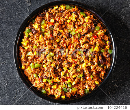Mexican ground beef casserole with rice, beans Mexican ground beef casserole with rice, beans 104224416