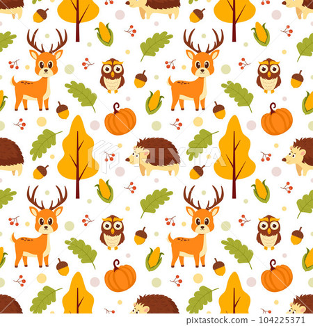 Autumn Seamless Pattern Illustration Element Panoramic of Maple Trees Fallen in Cartoon Template Hand Drawn 104225371