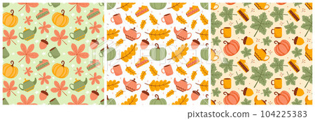 Set of Autumn Seamless Pattern Illustration Element Panoramic of Maple Trees Fallen in Cartoon Template Hand Drawn 104225383