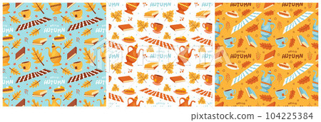 Set of Autumn Seamless Pattern Illustration Element Panoramic of Maple Trees Fallen in Cartoon Template Hand Drawn 104225384