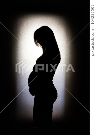 beautyfull silhouette of long hair Pregnant woman on a white background surroundet by shadow beautyfull silhouette of long hair Pregnant woman on a white background surroundet by shadow 104225503