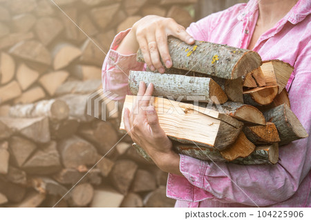 Dry chopped firewood in the hands of a woman. Sunny day Dry chopped firewood in the hands of a woman. Sunny day 104225906