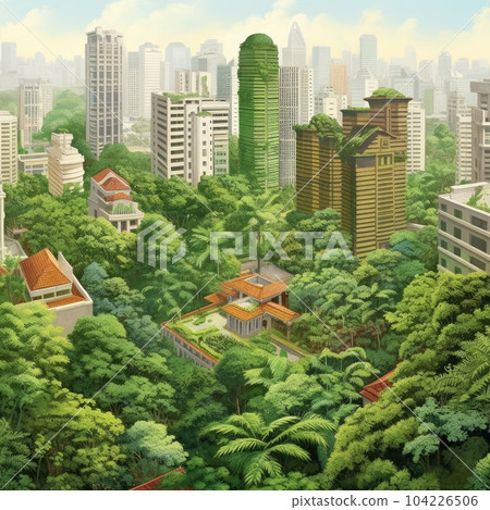 Spectacular eco-futuristic cityscape full with greenery, skyscrapers, parks, and other manmade green spaces in urban area. Green garden in modern city 104226506