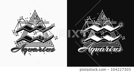 Monochrome icon of zodiac sign Aquarius with constellation with stars, text, triangle as alchemical symbol for air element. Horoscope esoteric elements. Vintage style. Monochrome icon of zodiac sign Aquarius with constellation with stars, text, triangle as alchemical symbol for air element. Horoscope esoteric elements. Vintage style. 104227303