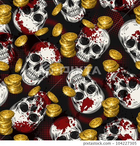 Grunge pattern with human skulls, golden coins, red paint splatter, halftone shapes. Gothic style. Concept of money. For apparel, fabric, textile, surface decoration. 104227305