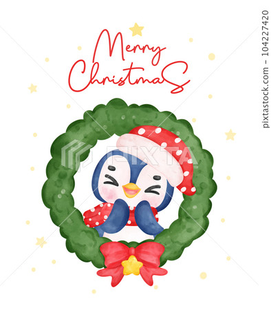 Joyful Penguin Celebrating Christmas in a Festive Wreath, Merry Christmas Watercolor Cartoon. Exciting Smiles and Cheerful Holiday Vibes. Perfect for Cards, Invitations, and Decorations. 104227420