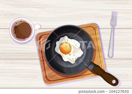 Fried egg on frying pan wooden board, fork and coffee cup top view in cartoon style on wooden table background. Breakfast meal 104227650