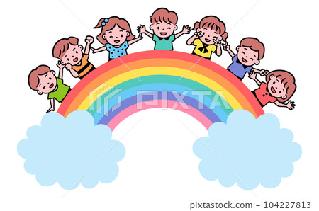 Vector illustration material with copy space for kids and children of rainbow and clouds of summer children's event and fair image 104227813