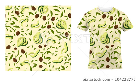 Short sleeved cotton sports t shirt decorated Avocado fruit pattern with leaves and seeds. Avocado wedges and slices. Comfortable summer clothes. Vector ornament for design of textile and fabric 104228775