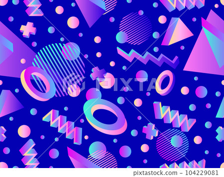 3D geometric seamless pattern in 80s style. 3d isometric shapes with gradient colors. Geometric memphis style. Design for promotional products, wrapping paper and printing. Vector illustration 104229081