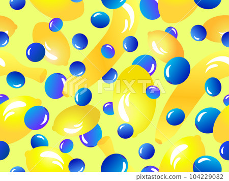 Bananas, lemons and blueberries in 3d style seamless pattern. Summer berry-fruit mix with lemons, bananas and blueberries. Design for wallpapers, banners and posters. Vector illustration 104229082