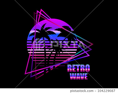 Retro waves banner with sun and palm trees in triangular frame. Futuristic retro sunset with palm trees in 80s style, gradient color. Synthwave style. Design for banner and poster. Vector illustration Retro waves banner with sun and palm trees in triangular frame. Futuristic retro sunset with palm trees in 80s style, gradient color. Synthwave style. Design for banner and poster. Vector illustration 104229087
