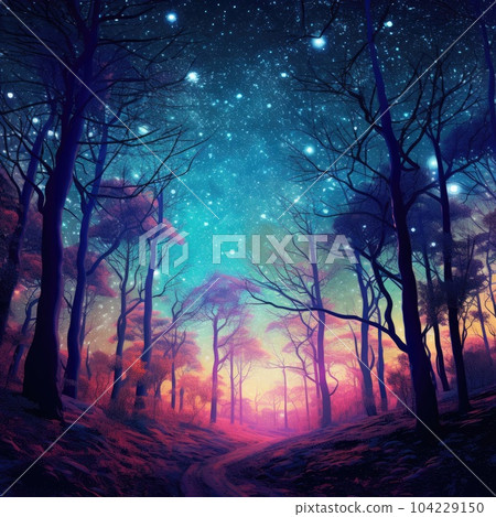 Fantasy and fairytale magical forest with purple and cyan light lighting pathway. Digital painting landscape. Fantasy and fairytale magical forest with purple and cyan light lighting pathway. Digital painting landscape. 104229150