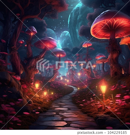 Mystical fly agarics glow in a mysterious dark forest. Fairytale background. 104229185