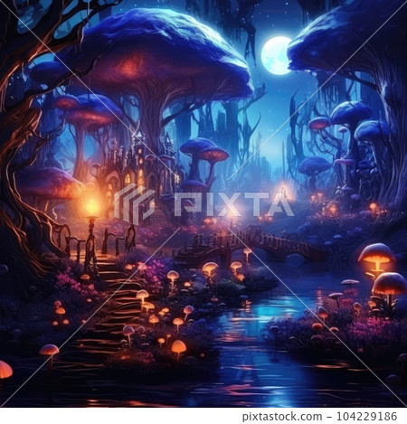 Fantasy forest landscape with stone ruins and bizarre vegetation at a beautiful sunset. Ancient stone fantasy magic portal, passage to the unreal world. 104229186