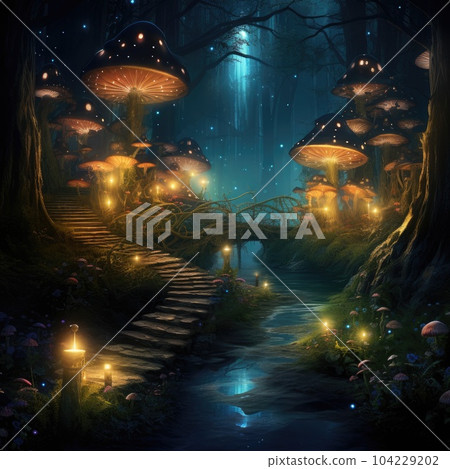 Mystical fly agarics glow in a mysterious dark forest. Fairytale background. 104229202