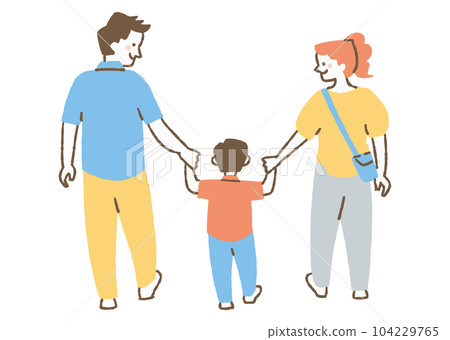 Rear view of a family of three walking holding hands_color 104229765