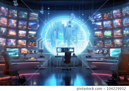 High-tech room with many surveillance displays High-tech room with many surveillance displays 104229932