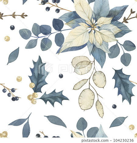 Watercolor Christmas vintage floral seamless pattern with blue berries, poinsettia. Botanical watercolor illustration invitation design 104230236