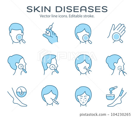 Skin diseases icons, such as psoriasis, sunburn, rosacea, bruise and more. Editable stroke. Change to any size and any colour. Skin diseases icons, such as psoriasis, sunburn, rosacea, bruise and more. Editable stroke. Change to any size and any colour. 104230265