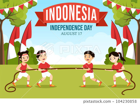 Indonesian Independence Day Vector Illustration On 17th August with Kids Doing Traditional Competition in Flat Cartoon Hand Drawn Template 104230858