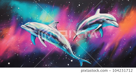 An airbrush painting of 1980s dolphins floating in minimal space style. Generative AI AIG27. An airbrush painting of 1980s dolphins floating in minimal space style. Generative AI AIG27. 104231712