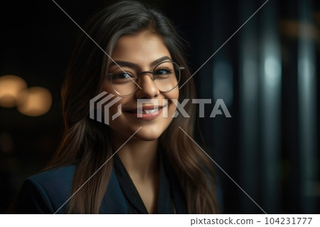 In bright modern office, a young 18 years old beautiful indian businesswoman with large smile. Generative AI AIG18. In bright modern office, a young 18 years old beautiful indian businesswoman with large smile. Generative AI AIG18. 104231777