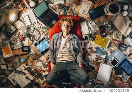 A top view of a Scandinavian teenage male lying on the floor with many electronic devices. Generative AI AIG30. A top view of a Scandinavian teenage male lying on the floor with many electronic devices. Generative AI AIG30. 104231809