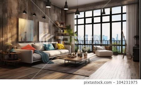 Modern living room interior with sofa and high panel windows with a view of skyscraper. Generative AI AIG27. Modern living room interior with sofa and high panel windows with a view of skyscraper. Generative AI AIG27. 104231975