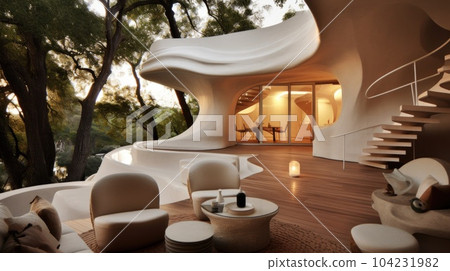 The modern weird shape house with patio and functional outdoor furniture on the wooden floor among the nature. Generative AI AIG27. The modern weird shape house with patio and functional outdoor furniture on the wooden floor among the nature. Generative AI AIG27. 104231982