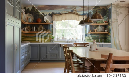 The modern interior design of country style kitchen and dining table with blue tone cabinet and painted wall. Generative AI AIG27. The modern interior design of country style kitchen and dining table with blue tone cabinet and painted wall. Generative AI AIG27. 104232180