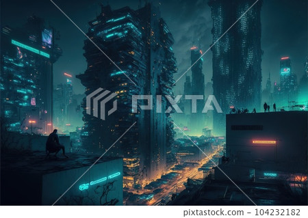 Futuristic cityscape in night time with neon light background 104232182