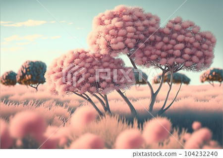 Modern abstract tree with pink fluffy cotton leaves 104232240