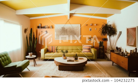 Bright and minimalist 70s interior design of orange toned living room with triangle ceiling. Generative AI AIG27. 104232275