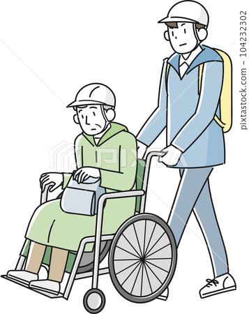 An elderly man in a wheelchair evacuating during a disaster and a man who supports An elderly man in a wheelchair evacuating during a disaster and a man who supports 104232302