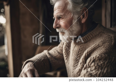 Male caucasian elderly knitting cozy sweater warmth patio. Generative AI AIG23. 104232448