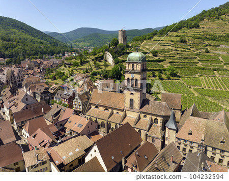 Aerial Drone Shot of the village of Kaysersberg in Alsace in a day. Summer in France, Church Castle and a beautiful City 104232594