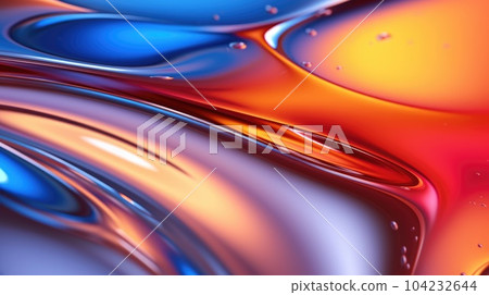 The close up of a glossy liquid surface abstract in red, yellow, and blue colors with a soft focus. Exuberant 3D illustration. The close up of a glossy liquid surface abstract in red, yellow, and blue colors with a soft focus. Exuberant 3D illustration. 104232644