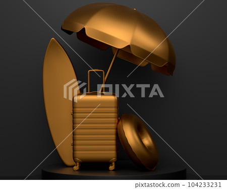 Beach surf, chair, umbrellas and lugagge on podium on monochrome background. 104233231
