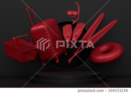 Beach surf, chair, umbrellas and lugagge on podium on monochrome background. Beach surf, chair, umbrellas and lugagge on podium on monochrome background. 104233236