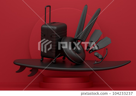 Beach surf, chair, umbrellas and lugagge on podium on monochrome background. 104233237