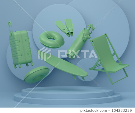 Luggage with beach accessories on podium on monochrome background. Luggage with beach accessories on podium on monochrome background. 104233239