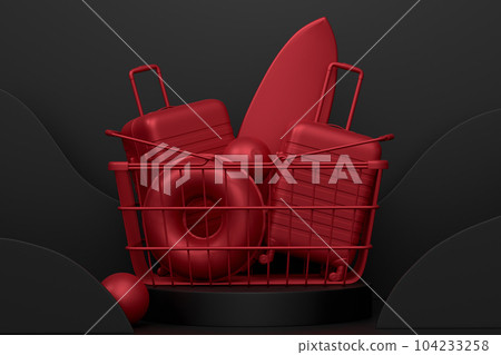 Luggage with beach accessories on podium on monochrome background. Luggage with beach accessories on podium on monochrome background. 104233258